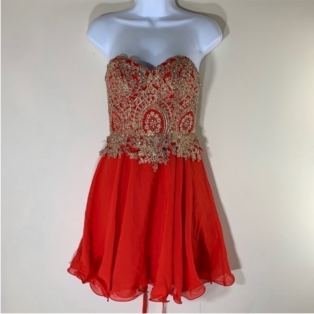 Red Strapless Tulle Party Dress with Gold Embellished Bodice. 4. NWT. - Picture 2 of 13